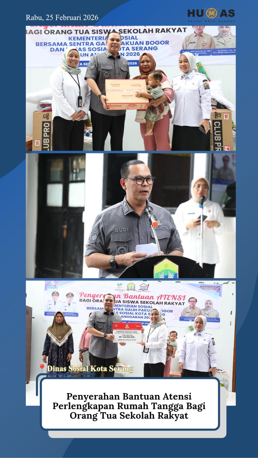 Pemkot Serang Bagikan Bantuan Rumah Tangga & Usaha Bagi Orang Tua Siswa Sekolah Rakyat