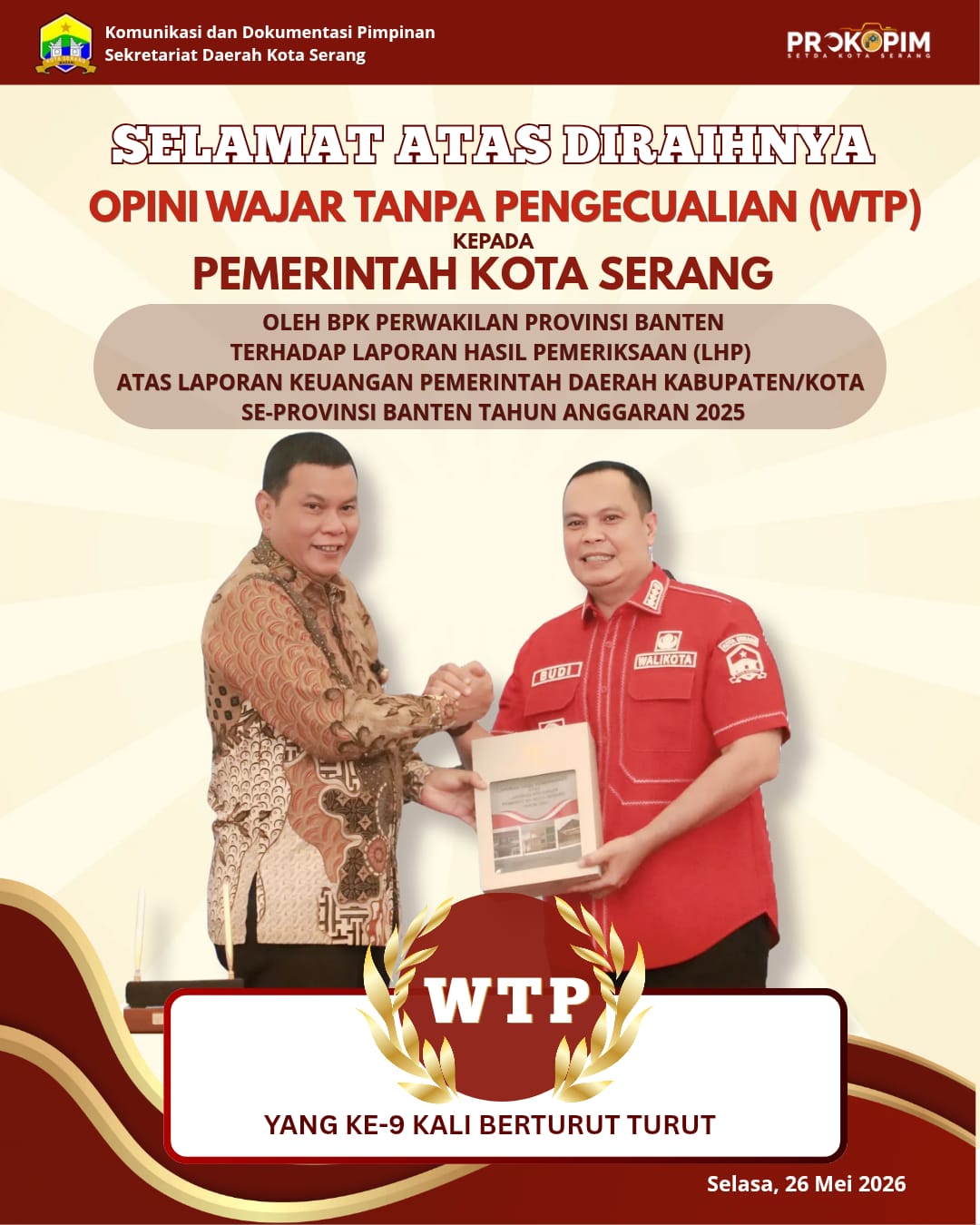 Sembilan Kali Beruntun! Kota Serang Kembali Sabet Opini WTP dari BPK